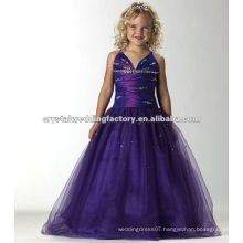 Free shipping V-neckline beaded ruched purple custom-made long girls pageant dresses CWFaf4888